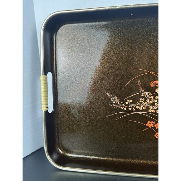 Vintage Brown And Black Lacquer Serving Tray Plastic Wrapped Handles Fall Decor - Picture 3 of 8